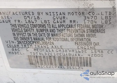 2019 Nissan Versa Note Sv z USA, uszkodzony, nr VIN 3N1CE2CPXKL355124